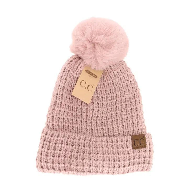 Waffle Knit Faux Fur Pom C.C Beanie Rose