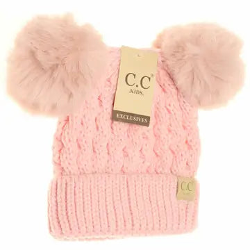 Kids Cable Knit Double Matching Pom Beanie
