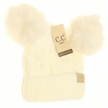 Kids Cable Knit Double Matching Pom Beanie