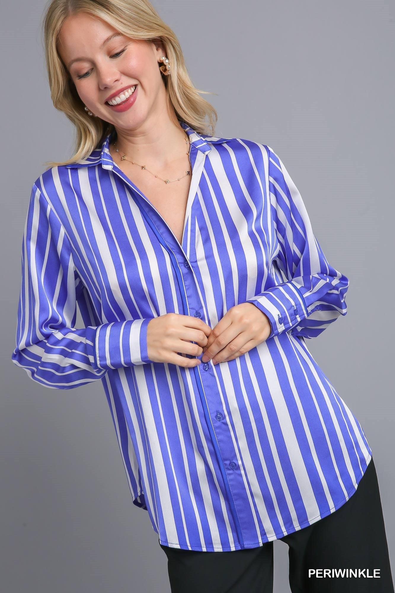 Satin Stripe Button Down Shirt with Piping