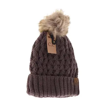 Solid Lattice Stitch Fur Pom CC Beanie Brick