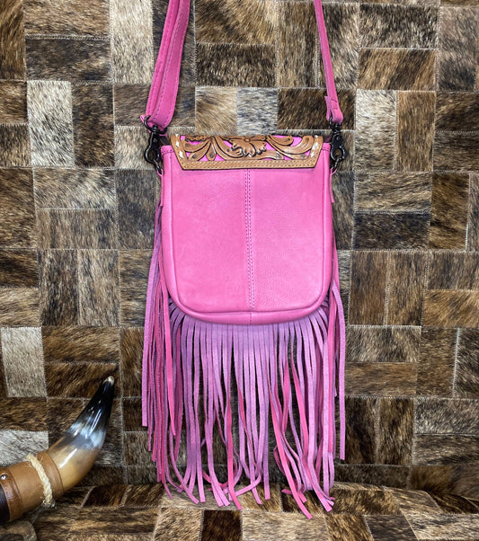 Pink Tooled Leather Fringe Crossbody