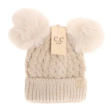 Kids Cable Knit Double Matching Pom Beanie