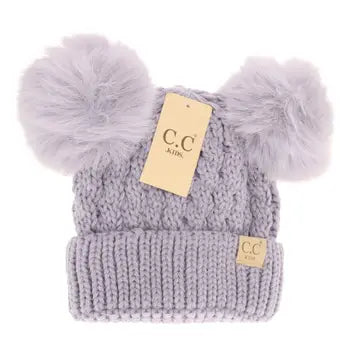Kids Cable Knit Double Matching Pom Beanie