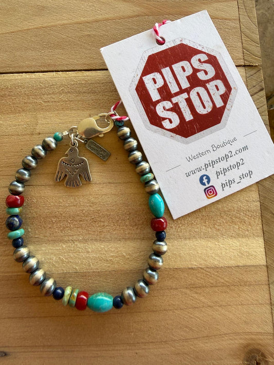 Paige Wallace Navajo Pearl & Turquoise Thunderbird Bracelet