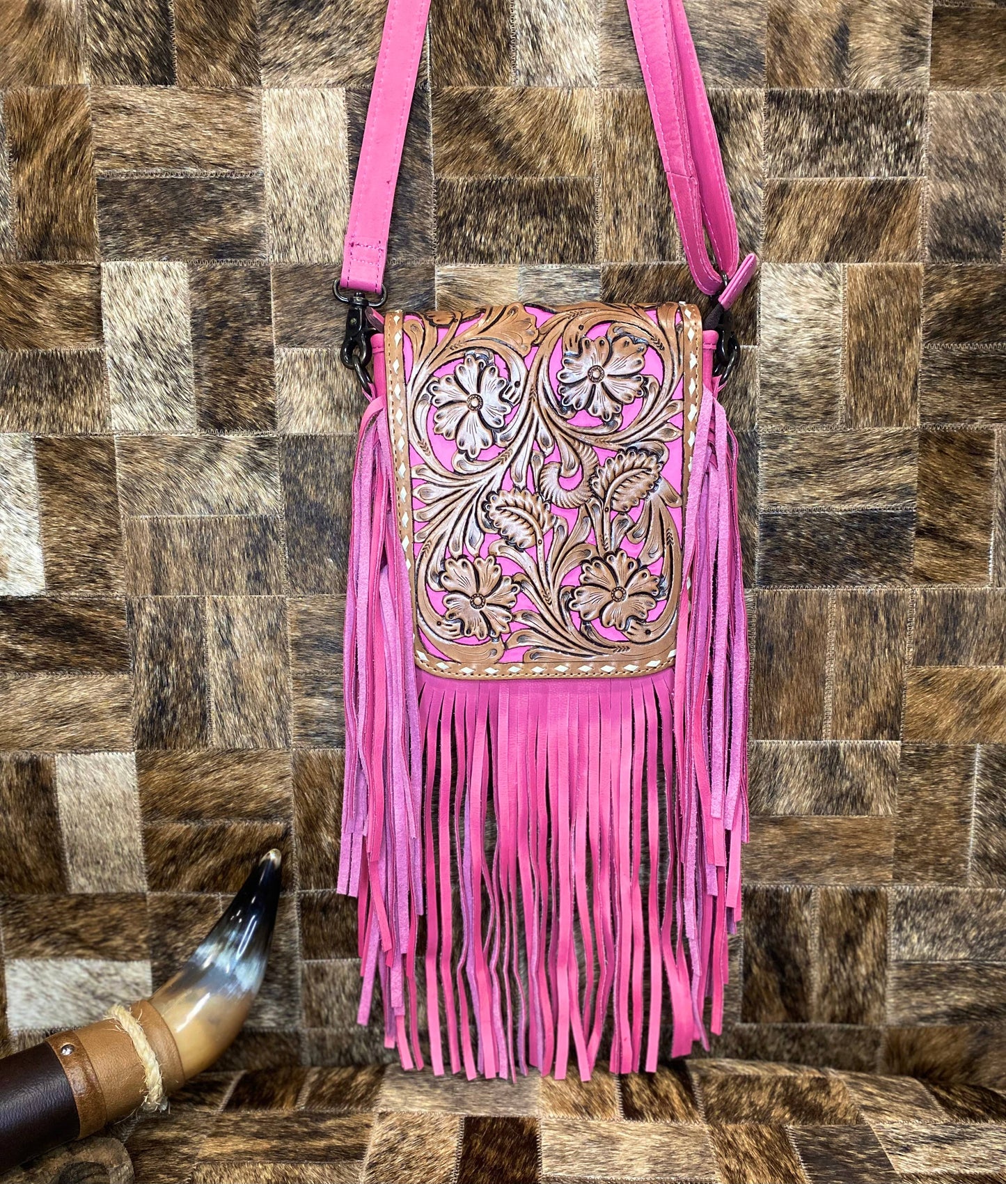 Pink Tooled Leather Fringe Crossbody