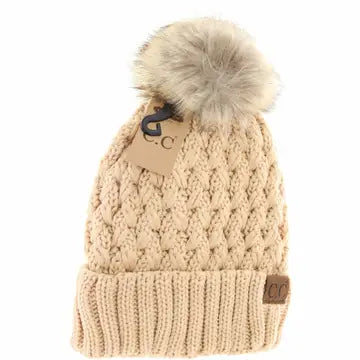 Solid Lattice Stitch Fur Pom CC Beanie Brick