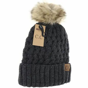 Solid Lattice Stitch Fur Pom CC Beanie Brick