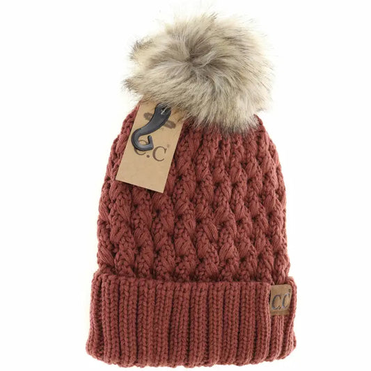 Solid Lattice Stitch Fur Pom CC Beanie Brick