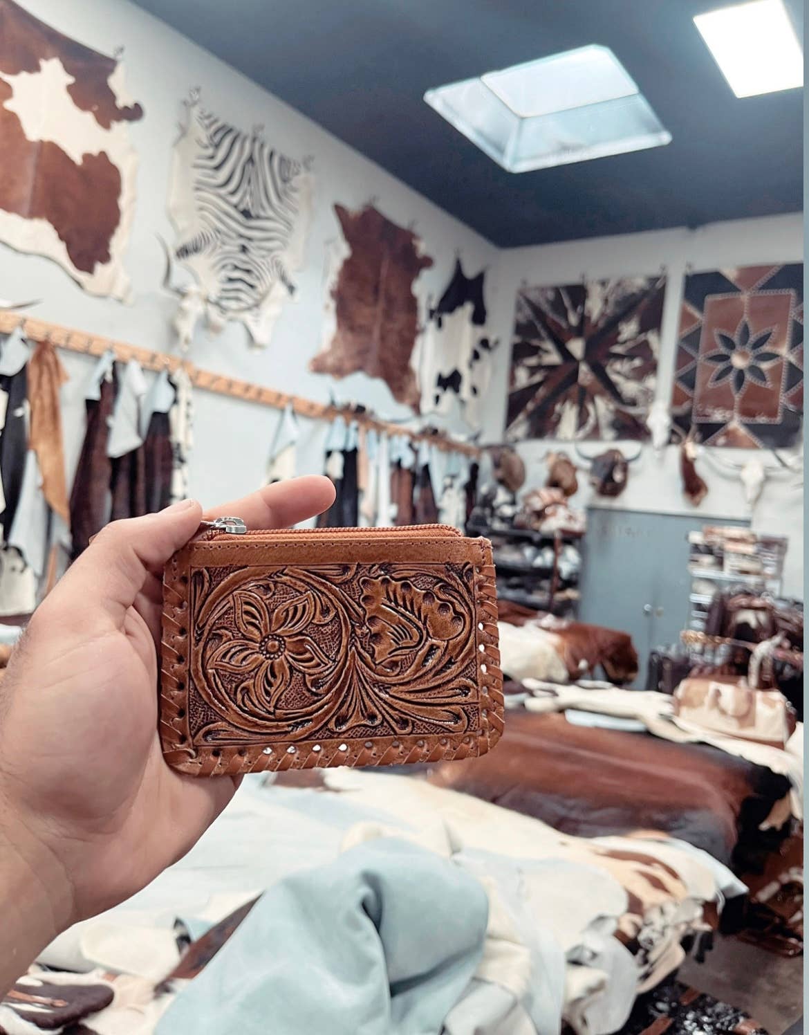 Tooled Cowhide Coin Pouch