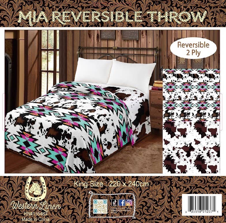 Reversible king Mia blanket - pink Aztec/cowprint 