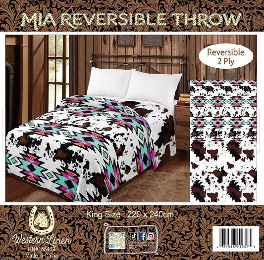 Reversible king Mia blanket - pink Aztec/cowprint 