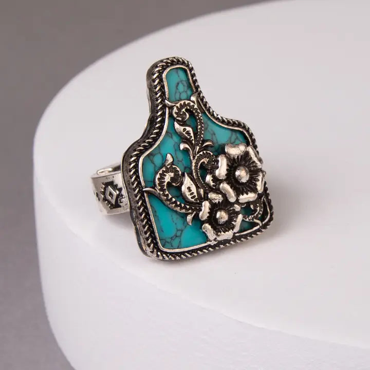 Western Floral Cattle Tag Stretch Ring