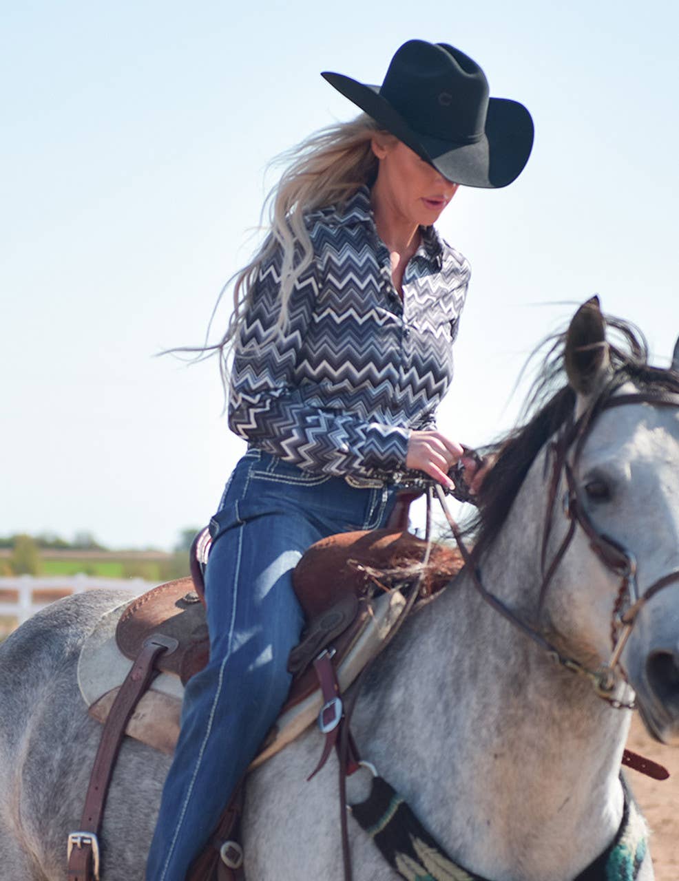 Cowgirl Tough Pullover Button Up Grayscale Chevron Stretch Jersey