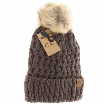 Solid Lattice Stitch Fur Pom CC Beanie Brick