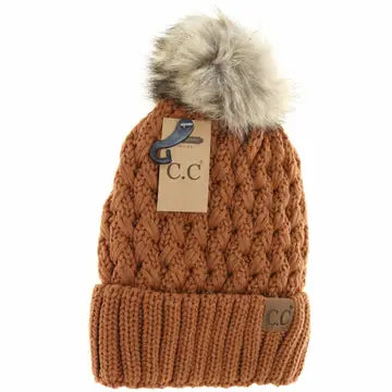 Solid Lattice Stitch Fur Pom CC Beanie Brick