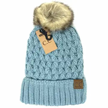 Solid Lattice Stitch Fur Pom CC Beanie Brick