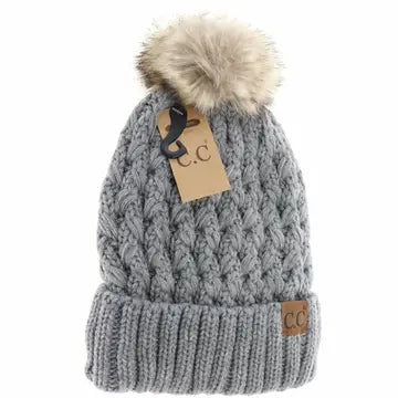 Solid Lattice Stitch Fur Pom CC Beanie Brick