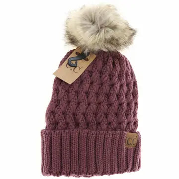 Solid Lattice Stitch Fur Pom CC Beanie Brick