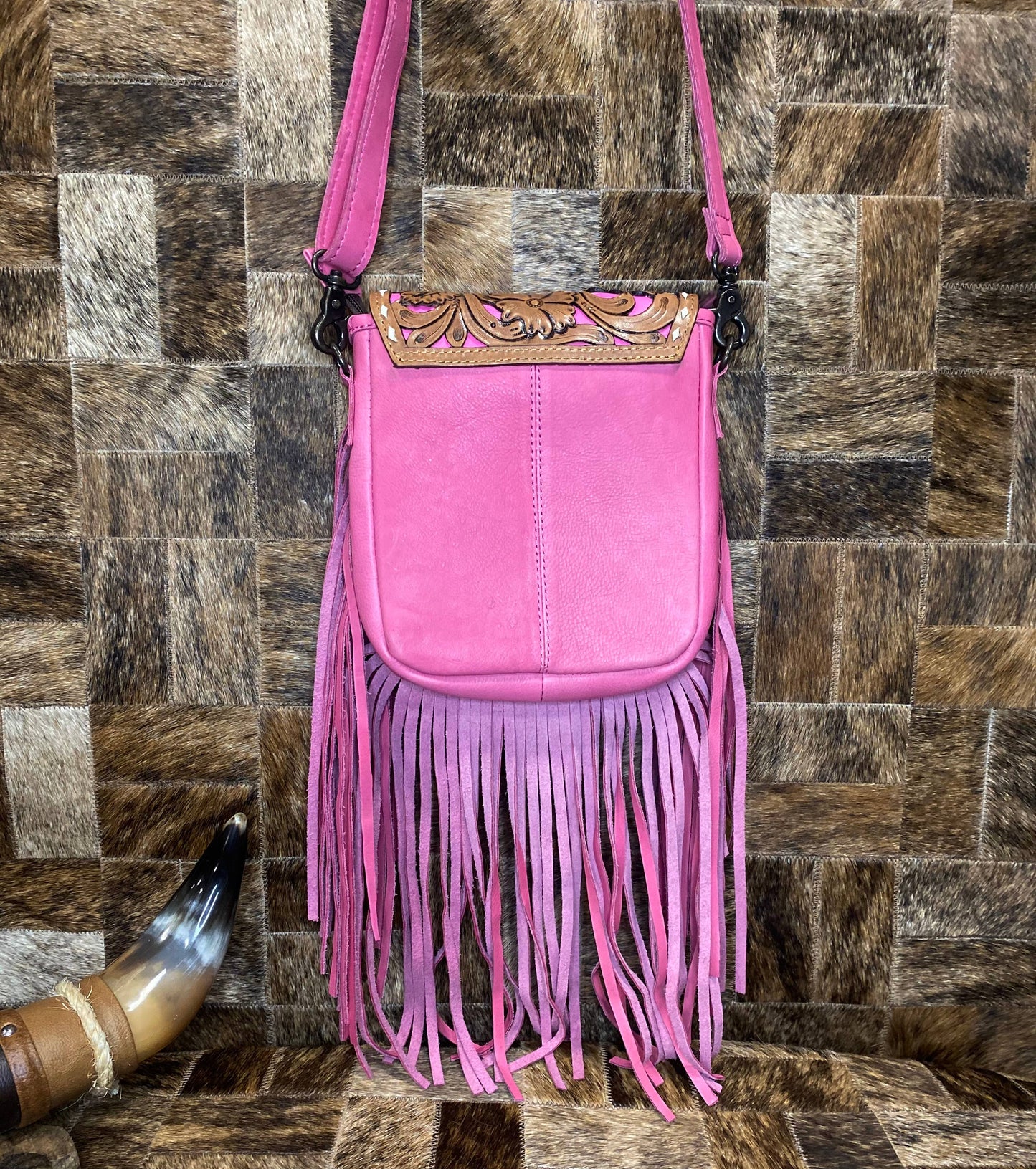 Pink Tooled Leather Fringe Crossbody
