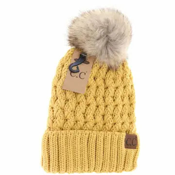 Solid Lattice Stitch Fur Pom CC Beanie Brick