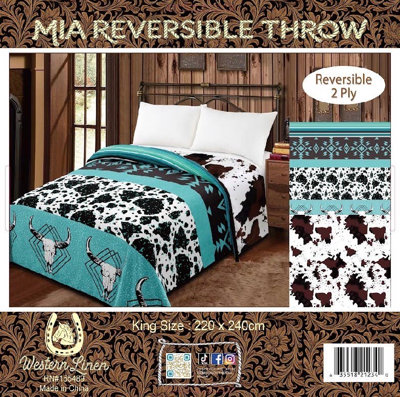 Reversible king Mia blanket - turquoise Cowprint 