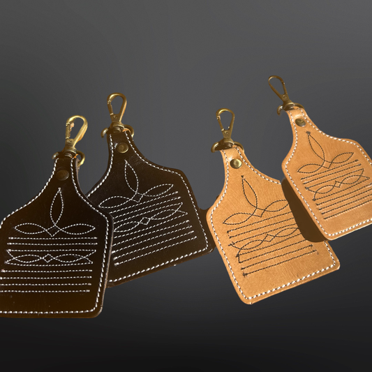 Western Cowboy Boot Stitched Leather Keychain Cow Tag
