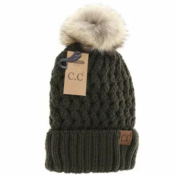 Solid Lattice Stitch Fur Pom CC Beanie Brick
