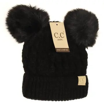 Kids Cable Knit Double Matching Pom Beanie